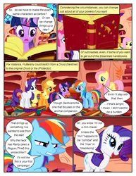 Size: 612x792 | Tagged: safe, artist:newbiespud, derpibooru import, edit, edited screencap, screencap, applejack, fluttershy, pinkie pie, rainbow dash, rarity, twilight sparkle, earth pony, pegasus, pony, unicorn, comic:friendship is dragons, griffon the brush off, angry, annoyed, book, bookcase, comic, dialogue, female, flying, freckles, glowing horn, golden oaks library, hat, horn, mane six, mare, reading, screencap comic, smiling, unicorn twilight, worried