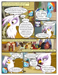 Size: 612x792 | Tagged: safe, artist:newbiespud, derpibooru import, edit, edited screencap, screencap, gilda, rainbow dash, rarity, gryphon, pegasus, pony, unicorn, comic:friendship is dragons, griffon the brush off, the lost treasure of griffonstone, comic, dialogue, female, mare, raised hoof, screencap comic, smiling, speech bubble, suspicious, unamused