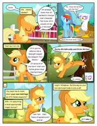 Size: 612x792 | Tagged: safe, artist:newbiespud, derpibooru import, edit, edited screencap, screencap, applejack, gilda, rainbow dash, earth pony, gryphon, pegasus, pony, comic:friendship is dragons, ..., apple, barn, bucking, bucky mcgillicutty, comic, dialogue, eyes closed, female, food, freckles, hat, kicks mcgee, looking up, mare, screencap comic, sigh, smiling, tree