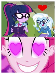 Size: 3106x4096 | Tagged: safe, derpibooru import, pinkie pie, sci-twi, snips, trixie, twilight sparkle, best trends forever, coinky-dink world, eqg summertime shorts, equestria girls, equestria girls series, best trends forever: twilight sparkle, female, geode of telekinesis, glasses, lesbian, magical geodes, meme, offscreen character, pinkie the shipper, pinkie's eyes, sci-twixie, shipping, twixie