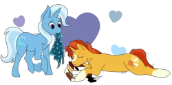 Size: 540x267 | Tagged: safe, artist:ponyships, derpibooru import, sunburst, trixie, pony, unicorn, book, female, heart, ink, inkwell, male, mouth hold, quill, shipping, sleeping, straight, trixburst