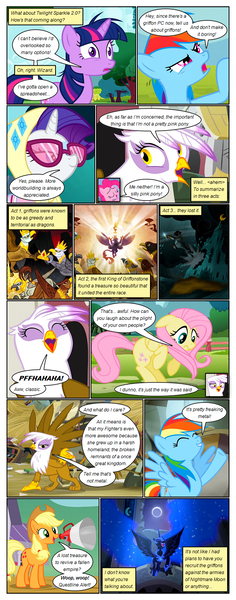 Size: 612x1553 | Tagged: safe, artist:newbiespud, derpibooru import, edit, edited screencap, screencap, applejack, fluttershy, gilda, king grover, nightmare moon, rainbow dash, rarity, twilight sparkle, earth pony, pegasus, pony, unicorn, comic:friendship is dragons, griffon the brush off, the lost treasure of griffonstone, annoyed, castle, clothes, comic, crown, dialogue, eclipse, ethereal mane, female, flying, freckles, full moon, glasses, hat, headscarf, hoof shoes, jewelry, laughing, male, mare, megaphone, messy mane, moon, raised hoof, regalia, scarf, screencap comic, smiling, solar eclipse, speech bubble, spread wings, starry mane, sunglasses, tree, unicorn twilight, wings