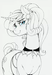 Size: 1179x1681 | Tagged: safe, artist:longinius, derpibooru import, oc, oc:silk lace, unofficial characters only, pony, unicorn, blushing, choker, clothes, corset, cutie mark earrings, ear piercing, earring, female, jewelry, lidded eyes, lineart, looking at you, mare, monochrome, necklace, partial color, piercing, ponytail, solo, tail wrap