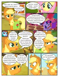 Size: 612x792 | Tagged: safe, artist:newbiespud, derpibooru import, edit, edited screencap, screencap, applejack, fluttershy, rainbow dash, twilight sparkle, earth pony, pegasus, pony, unicorn, comic:friendship is dragons, griffon the brush off, bag, book, comic, dialogue, female, freckles, frown, glowing horn, hoof hold, horn, looking up, magic, mare, reading, saddle bag, screencap comic, scroll, telekinesis, unamused, unicorn twilight