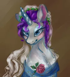 Size: 1280x1424 | Tagged: safe, artist:elisdoominika, derpibooru import, rarity, anthro, pony, unicorn, baroque, bedroom eyes, blue eyes, blue eyeshadow, blushing, brown background, bust, clothes, dress, flower, gold, hair up, leaves, long eyelashes, portrait, purple mane, rose, simple background, smiling, solo, veil, wavy mane