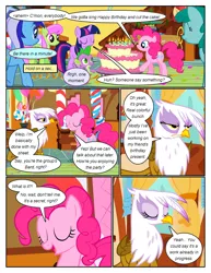 Size: 612x792 | Tagged: safe, artist:newbiespud, derpibooru import, edit, edited screencap, screencap, gilda, merry may, minuette, pinkie pie, spike, spring melody, sprinkle medley, twilight sparkle, earth pony, gryphon, pegasus, pony, unicorn, comic:friendship is dragons, griffon the brush off, background pony, balloon, cake, candle, candy, candy cane, comic, dialogue, eyes closed, female, food, frown, male, mare, screencap comic, smiling, sugarcube corner, unamused, unicorn twilight