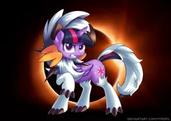 Size: 1000x707 | Tagged: safe, artist:pyropk, derpibooru import, twilight sparkle, twilight sparkle (alicorn), alicorn, lycanroc, pony, animal costume, clothes, cosplay, costume, crossover, fangs, gritted teeth, lycanroc dusk, pokémon, solo, wolf costume