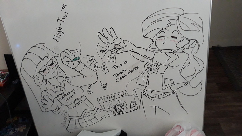Size: 1280x720 | Tagged: safe, artist:missmayaleanne, derpibooru import, sci-twi, starlight glimmer, sunset shimmer, trixie, twilight sparkle, equestria girls, 420, breasts, busty sunset shimmer, drugs, gay baby jail, joint, marijuana, marker drawing, owo what's this?, photo, traditional art, uwu