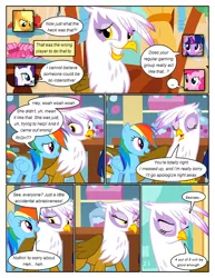 Size: 612x792 | Tagged: safe, artist:newbiespud, derpibooru import, edit, edited screencap, screencap, applejack, gilda, pinkie pie, rainbow dash, rarity, twilight sparkle, earth pony, gryphon, pegasus, pony, unicorn, comic:friendship is dragons, griffon the brush off, comic, dialogue, female, freckles, frown, grin, hat, mare, screencap comic, smiling, sugarcube corner, unicorn twilight