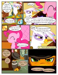 Size: 612x792 | Tagged: safe, artist:newbiespud, derpibooru import, edit, edited screencap, screencap, applejack, cheese sandwich, pinkie pie, rainbow dash, twilight sparkle, earth pony, pegasus, pony, unicorn, comic:friendship is dragons, pinkie pride, bipedal, clothes, comic, dialogue, female, freckles, frown, hat, male, mare, party horn, poncho, screencap comic, smiling, stallion, sugarcube corner, unicorn twilight