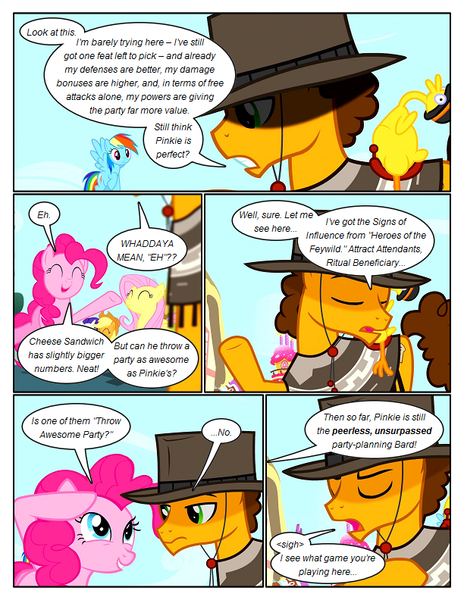 Size: 612x792 | Tagged: safe, artist:newbiespud, derpibooru import, edit, edited screencap, screencap, applejack, boneless, cheese sandwich, fluttershy, pinkie pie, rainbow dash, rarity, earth pony, pegasus, pony, unicorn, comic:friendship is dragons, pinkie pride, clothes, comic, dialogue, eyes closed, female, flying, hat, male, mare, poncho, raised hoof, rubber chicken, salute, screencap comic, sigh, smiling, stallion