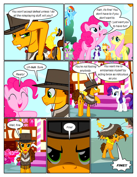 Size: 612x792 | Tagged: safe, artist:newbiespud, derpibooru import, edit, edited screencap, screencap, applejack, boneless, cheese sandwich, fluttershy, pinkie pie, rainbow dash, rarity, spike, dragon, earth pony, pegasus, pony, unicorn, comic:friendship is dragons, pinkie pride, bipedal, clothes, comic, dialogue, female, flying, frown, happy, hat, male, mare, poncho, raised hoof, rubber chicken, salute, screencap comic, smiling, stallion