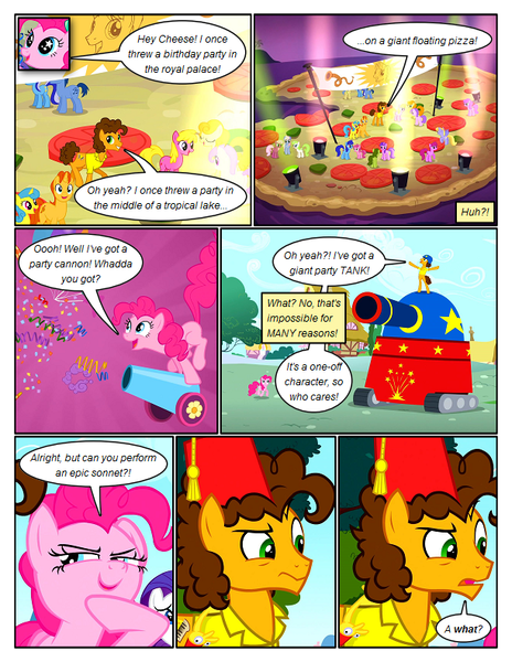 Size: 612x792 | Tagged: safe, artist:newbiespud, derpibooru import, edit, edited screencap, screencap, blues, cheese sandwich, lemon hearts, minuette, noteworthy, pinkie pie, rarity, earth pony, pegasus, pony, unicorn, comic:friendship is dragons, pinkie pride, background pony, banner, cannon, comic, confetti, confused, dialogue, female, fez, food, grin, hat, jumping, light, looking up, male, mare, night, party cannon, party tank, pizza, screencap comic, smiling, stallion, starry eyes, tank (vehicle), thinking, wingding eyes