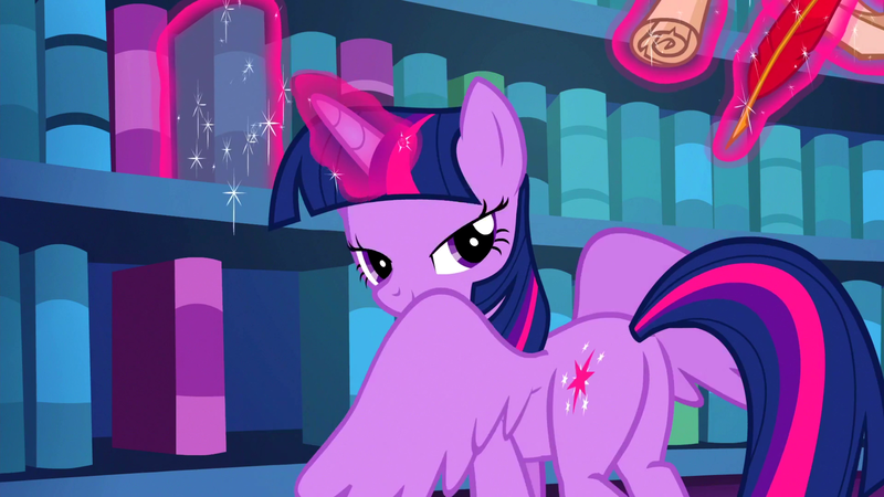 Size: 1920x1080 | Tagged: alicorn, bedroom eyes, book, cutie mark, derpibooru import, lidded eyes, looking over shoulder, out of context, quill, safe, screencap, scroll, solo, the fault in our cutie marks, twilight sparkle, twilight sparkle (alicorn)