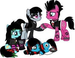 Size: 2644x2067 | Tagged: safe, artist:lightningbolt, derpibooru import, oc, oc:emo lad, oc:goth lass, oc:punk dude, oc:scene chick, unofficial characters only, earth pony, pony, .svg available, anarchy, arm warmers, bags under eyes, bridge piercing, brother and sister, cd player, choker, clandestine industries, clothes, dyed mane, dyed tail, ear piercing, earbuds, earring, emo, eyebrow piercing, eyeliner, eyeshadow, family, father, female, fingerless gloves, floppy ears, frown, gauges, gem, gloves, goth, group, holding hooves, hoodie, hoof hold, husband and wife, jacket, jewelry, leather jacket, leg band, lidded eyes, lip piercing, long sleeves, looking at each other, makeup, male, mare, mohawk, mother, neck piercing, necklace, nose piercing, pierce the veil, piercing, prone, punk, raised hoof, sad, safety pin, scene, shipping, shirt, siblings, simple background, skirt, sleeveless, smiling, snake bites, socks, stallion, standing, straight, striped socks, studded bracelet, svg, t-shirt, tail band, tattoo, tongue out, tongue piercing, transparent background, transparent skirt, undershirt, vector