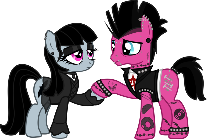 Size: 2179x1470 | Tagged: safe, artist:lightningbolt, derpibooru import, oc, oc:goth lass, oc:punk dude, unofficial characters only, earth pony, pony, .svg available, anarchy, bags under eyes, bridge piercing, choker, clothes, dyed mane, dyed tail, ear piercing, earring, eyebrow piercing, eyeliner, eyeshadow, father, female, frown, gauges, gem, goth, holding hooves, husband and wife, jacket, jewelry, leather jacket, lidded eyes, lip piercing, long sleeves, looking at each other, makeup, male, mare, mohawk, mother, neck piercing, nose piercing, piercing, punk, safety pin, shipping, shirt, simple background, skirt, sleeveless, smiling, snake bites, stallion, standing, straight, studded bracelet, svg, t-shirt, tail band, tattoo, tongue out, tongue piercing, transparent background, transparent skirt, undershirt, vector