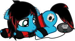 Size: 1205x662 | Tagged: safe, artist:lightningbolt, derpibooru import, oc, oc:emo lad, unofficial characters only, earth pony, pony, cd player, clothes, ear piercing, earbuds, earring, emo, fingerless gloves, floppy ears, gloves, hoodie, jewelry, leg band, lip piercing, male, pierce the veil, piercing, prone, sad, simple background, solo, stallion, transparent background