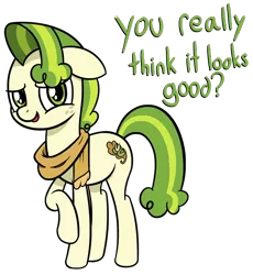 Size: 3222x3496 | Tagged: safe, artist:czu, derpibooru import, pistachio, earth pony, pony, clothes, cute, dialogue, floppy ears, looking at you, male, pistachiaww, raised hoof, scarf, simple background, smiling, solo, text, transparent background