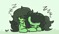 Size: 542x316 | Tagged: safe, artist:plunger, derpibooru import, oc, oc:anonfilly, unofficial characters only, earth pony, pony, butt pillow, cute, eyes closed, female, filly, grass, ocbetes, onomatopoeia, question mark, sleeping, snuggling, sound effects, zzz