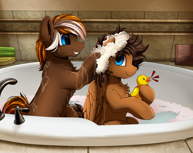 Size: 3030x2400 | Tagged: safe, artist:pridark, derpibooru import, oc, oc:wiley waves, unofficial characters only, earth pony, pegasus, pony, bath, bathing, bathing together, chest fluff, couple, cute, gay, image, male, oc x oc, png, rubber duck, shampoo, shipping, smiling, stallion, washing hair, water, wings