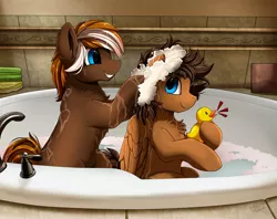 Size: 3030x2400 | Tagged: safe, artist:pridark, derpibooru import, oc, oc:wiley waves, unofficial characters only, earth pony, pegasus, pony, bath, bathing, bathing together, chest fluff, couple, cute, gay, image, male, oc x oc, png, rubber duck, shampoo, shipping, smiling, stallion, washing hair, water, wings