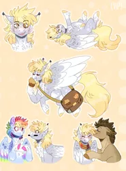 Size: 981x1324 | Tagged: safe, artist:wanderingpegasus, derpibooru import, derpy hooves, doctor whooves, rainbow dash, time turner, earth pony, pegasus, pony, abstract background, blushing, chest fluff, clothes, cute, dashabetes, derpabetes, doctorderpy, female, food, happy, mailbag, male, mare, mouth hold, muffin, scarf, shipping, smiling, stallion, straight, tongue out