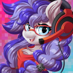 Size: 670x670 | Tagged: safe, artist:ask-colorsound, derpibooru import, oc, oc:cinnabyte, unofficial characters only, earth pony, pony, adorkable, bandana, chest fluff, cute, dork, earth pony oc, female, gaming headset, glasses, headset, icon, looking at you, mare, open mouth, smiling, solo