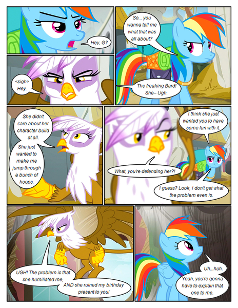 Size: 612x792 | Tagged: safe, artist:newbiespud, derpibooru import, edit, edited screencap, screencap, gilda, rainbow dash, gryphon, pegasus, pony, comic:friendship is dragons, the lost treasure of griffonstone, annoyed, backpack, comic, dialogue, female, flying, frown, looking back, looking up, mare, screencap comic, sigh, speech bubble