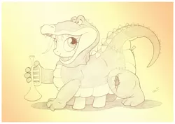 Size: 1073x759 | Tagged: safe, artist:sherwoodwhisper, derpibooru import, oc, oc:eri, alligator, mouse, pony, clothes, cosplay, costume, disney, louis, musical instrument, princess and the frog, traditional art, trumpet