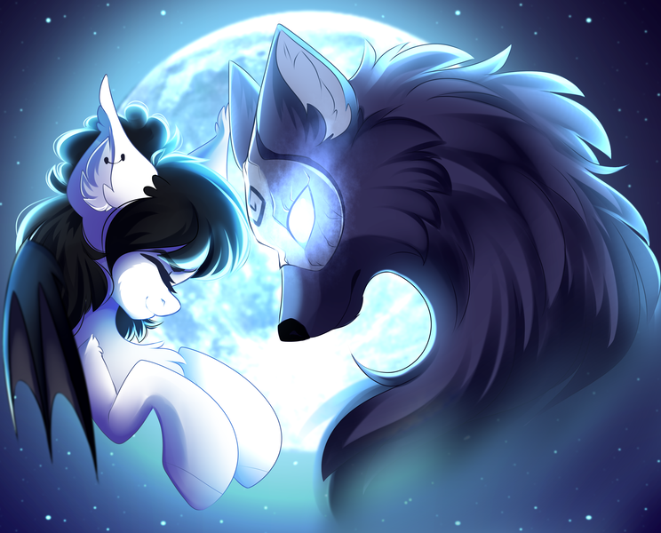 Size: 3641x2937 | Tagged: safe, artist:airiniblock, derpibooru import, oc, oc:acarcion, bat pony, pony, wolf, bat pony oc, bat wings, bust, chest fluff, ear fluff, eyes closed, glowing eyes, kindred, league of legends, mask, moon, night, rcf community, stars, wings