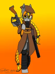 Size: 1920x2560 | Tagged: safe, artist:derpanater, derpibooru import, oc, oc:rook, unofficial characters only, earth pony, semi-anthro, fallout equestria, armor, braid, braided ponytail, braided tail, clothes, female, gradient background, gun, looking at you, shotgun, weapon