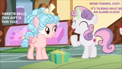 Size: 1280x720 | Tagged: safe, derpibooru import, edit, edited screencap, screencap, cozy glow, sweetie belle, pony, marks for effort, imminent explosion, present, pure concentrated unfiltered evil of the utmost potency, pure unfiltered evil, sweetie fail, sweetiedumb, this will end in death, this will not end well, time bomb, too dumb to live