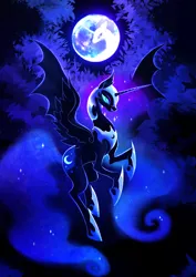Size: 1240x1754 | Tagged: safe, artist:f-ay, derpibooru import, nightmare moon, alicorn, pony, ethereal mane, female, flying, full moon, galaxy mane, hoof shoes, mare, mare in the moon, moon, rearing, solo
