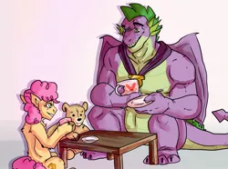 Size: 2560x1907 | Tagged: artist:shepherd228666, derpibooru import, dragon, food, gigachad spike, li'l cheese, male, older, older spike, plushie, safe, smiling, spike, tea, tea party, teddy bear, the last problem, uncle spike, winged spike