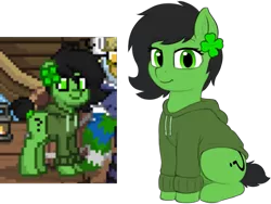 Size: 1573x1181 | Tagged: safe, artist:smoldix, derpibooru import, oc, oc:anonfilly, unofficial characters only, earth pony, pony, pony town, clothes, ear fluff, ear piercing, earring, female, filly, hoodie, image, jewelry, looking at you, piercing, pixel art, png, question mark, short tail, simple background, sitting, smiling, transparent background