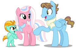 Size: 8755x5500 | Tagged: safe, artist:warriorflashfire, derpibooru import, clear sky, lightning dust, wind rider, pegasus, pony, unicorn, blank flank, clearrider, clothes, cute, dustabetes, eye bag, female, filly, flapping wings, headcanon, male, mare, one hoof raised, parent:clear skies, parent:wind rider, pregnant, scarf, simple background, smiling, stallion, transparent background, wings