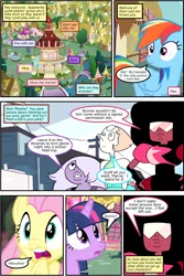 Size: 800x1200 | Tagged: safe, artist:newbiespud, artist:rastaba, derpibooru import, edit, edited screencap, screencap, fluttershy, rainbow dash, twilight sparkle, pegasus, pony, unicorn, comic:friendship is dragons, amethyst (steven universe), collaboration, comic, crossover, dialogue, female, garnet (steven universe), hand on hip, implied applejack, implied mane six, implied pinkie pie, implied rarity, looking up, mare, pearl (steven universe), ponyville, screencap comic, steven universe, unicorn twilight