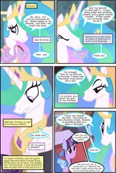 Size: 800x1200 | Tagged: safe, artist:newbiespud, derpibooru import, edit, edited screencap, screencap, princess celestia, twilight sparkle, alicorn, pony, unicorn, comic:friendship is dragons, big crown thingy, clothes, collaboration, comic, cup, dialogue, dress, element of magic, eyes closed, female, glowing horn, grin, horn, jewelry, looking down, looking up, magic, mare, peytral, princess dress, regalia, screencap comic, smiling, teacup, teapot, telekinesis, unicorn twilight