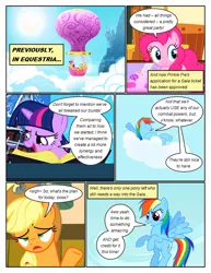 Size: 612x792 | Tagged: safe, artist:newbiespud, derpibooru import, edit, edited screencap, screencap, applejack, pinkie pie, rainbow dash, spike, twilight sparkle, dragon, earth pony, pegasus, pony, unicorn, comic:friendship is dragons, annoyed, arm behind head, book, candy, canterlot, cloud, comic, dialogue, female, flying, food, grin, hat, hot air balloon, male, mare, on a cloud, on back, reading, relaxing, screencap comic, sigh, smiling, sun, unicorn twilight