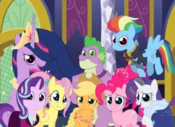 Size: 1936x1400 | Tagged: safe, artist:squipycheetah, derpibooru import, applejack, fluttershy, pinkie pie, princess twilight 2.0, rainbow dash, rarity, spike, starlight glimmer, twilight sparkle, twilight sparkle (alicorn), alicorn, earth pony, pegasus, pony, unicorn, the last problem, clothes, crown, cute, cutie mark, gigachad spike, granny smith's scarf, happy, headmare starlight, jewelry, looking at you, mane eight, mane seven, mane six, older, older applejack, older fluttershy, older mane 8, older pinkie pie, older rainbow dash, older rarity, older spike, older starlight glimmer, older twilight, regalia, smiling, twilight's castle