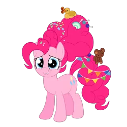 Size: 3000x3000 | Tagged: safe, artist:squipycheetah, derpibooru import, pinkie pie, bird, duck, earth pony, pony, the last problem, candy, candy in hair, food, happy, lollipop, looking at you, older, older pinkie pie, rubber duck, simple background, smiling, solo, teddy bear, transparent background