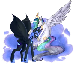 Size: 3000x2609 | Tagged: semi-grimdark, artist:kremciakay, derpibooru import, nightmare moon, princess celestia, alicorn, pony, bad end, blood, duo, female, fight, gritted teeth, horn, horn impalement, impalement, mare, siblings, simple background, sisters, sororicide, spread wings, stabbing, teary eyes, the bad guy wins, transparent background, wide eyes, wings