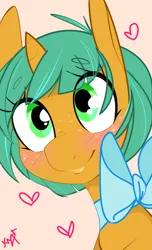 Size: 3100x5100 | Tagged: safe, artist:kryptchild, derpibooru import, snails, pony, unicorn, alternate hairstyle, bow, crossdressing, cute, glitter shell, green eyes, happy, heart, lip gloss, makeup, neck bow, smiling, solo