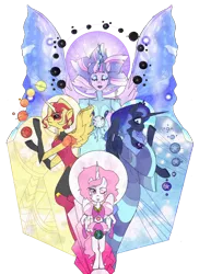 Size: 1198x1649 | Tagged: alicorn, artist:unoriginai, bipedal, blue diamond (steven universe), crossover, cute, derpibooru import, fluttershy, halo, marble pie, mural, pearl (steven universe), pink diamond (steven universe), pink-mane celestia, planet, princess celestia, princess luna, safe, steven universe, sunset shimmer, tree of harmony, twilight sparkle, twilight sparkle (alicorn), white diamond (steven universe), yellow diamond (steven universe)