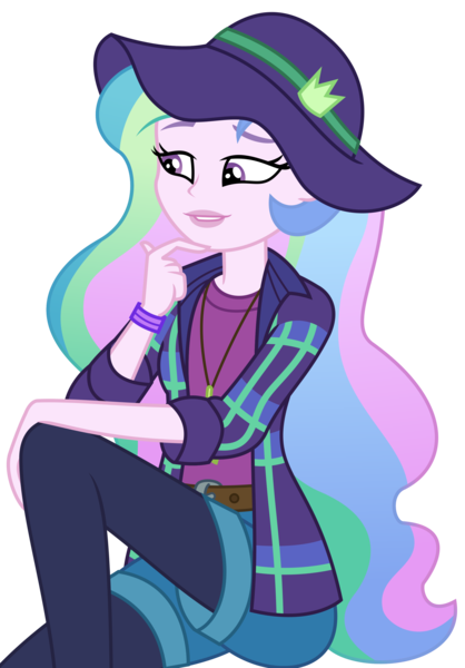 Size: 2256x3238 | Tagged: safe, artist:sketchmcreations, derpibooru import, princess celestia, equestria girls, equestria girls series, the road less scheduled, the road less scheduled: celestia, spoiler:choose your own ending (season 2), spoiler:eqg series (season 2), female, flannel, hand on chin, hat, music festival outfit, principal celestia, raised eyebrow, simple background, sitting, smiling, transparent background, vector