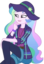 Size: 2256x3238 | Tagged: safe, artist:sketchmcreations, derpibooru import, princess celestia, equestria girls, equestria girls series, the road less scheduled, the road less scheduled: celestia, spoiler:choose your own ending (season 2), spoiler:eqg series (season 2), female, flannel, hand on chin, hat, music festival outfit, principal celestia, raised eyebrow, simple background, sitting, smiling, transparent background, vector