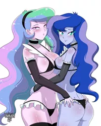 Size: 3600x4500 | Tagged: suggestive, artist:danmakuman, derpibooru import, princess celestia, princess luna, human, equestria girls, ass, asymmetrical docking, blushing, bra, breasts, busty princess celestia, busty princess luna, butt, choker, clothes, female, french maid, incest, lesbian, looking at you, maid, moonbutt, panties, princest, principal celestia, principal sunbutt, principalest, royal sisters, sexy outfit, shipping, siblings, simple background, sisters, smiling, socks, stupid sexy celestia, stupid sexy princess luna, sunbutt, thigh highs, underwear, vice principal luna, vice principal moonbutt, white background