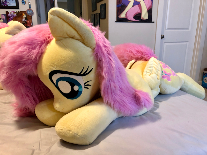 Size: 4032x3024 | Tagged: safe, artist:natureshy, artist:qtpony, derpibooru import, fluttershy, pony, bed, cute, laying on bed, laying on stomach, life size, on bed, plushie, shyabetes