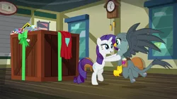 Size: 1920x1080 | Tagged: safe, derpibooru import, screencap, gabby, rarity, gryphon, pony, dragon dropped, bag, box, saddle bag