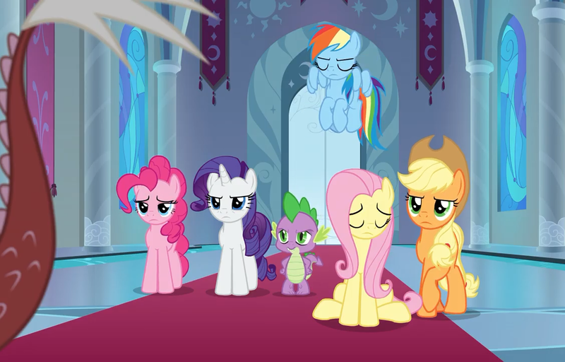 Size: 1125x720 | Tagged: safe, derpibooru import, screencap, applejack, discord, fluttershy, pinkie pie, rarity, spike, dragon, earth pony, pegasus, pony, unicorn, the ending of the end, leak, angry, applejack's hat, canterlot throne room, cowboy hat, eyes closed, hat, offscreen character, sad, spike is not amused, unamused, upset, winged spike